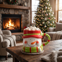 Mug en céramique 3D Bonhomme de neige souriant, avec chapeau et écharpe rayés rouge et vert, nez de carotte, tasse à chocolat chaud de Noël pour cadeau de fêtes