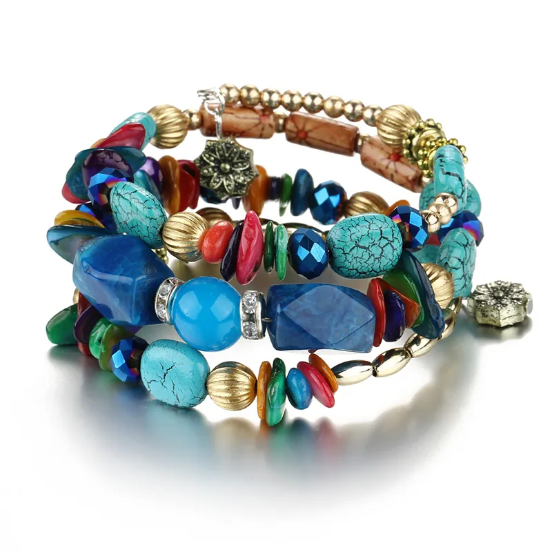 Bohemian Vintage Crystal Stone Turquoise Kralen Kleur Steen Multi-Layer Kronkelende Armbanden Voor Vrouwen