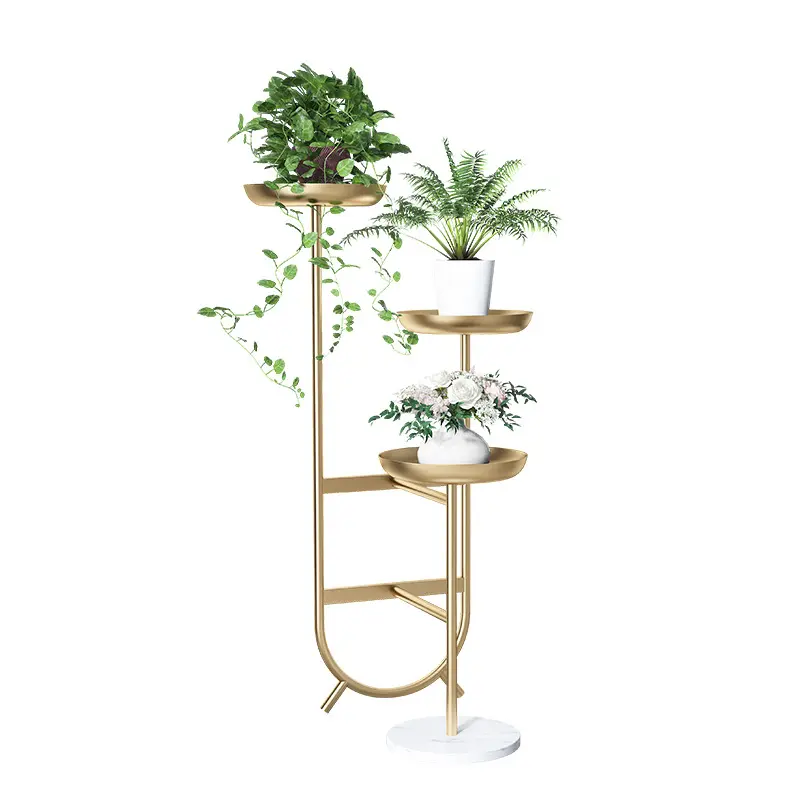 Soporte de Metal de 3 niveles para plantas y flores, accesorio de Metal para interior, alto, dorado, diseño de exhibición, maceta