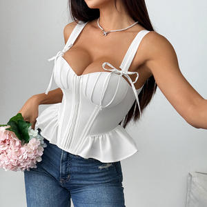 Débardeur Sexy à Lanières avec Nœud et Laçage pour Femme Dos Nu à Bretelles Croisées Corset Blanc à Volants et Baleines Bustier Camisole - Product Image 3