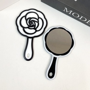 Acetate Camellia-Shaped Handheld <b>Mirror</b> - Black & <b>White</b> Contrast Rose Design Cosmetic <b>Mirror</b> for Women - Product Image 5
