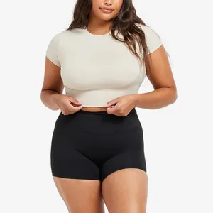 뜨거운 판매 높은 국자 넥 라인 여성 자르기 티셔츠 버터 소프트 경량 패브릭 체육관 피트니스 자르기 탑