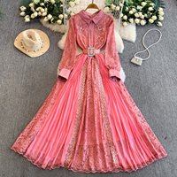 Robe longue élégante pour femme en dentelle rose à manches longues, coupe trapèze, avec ceinture, broderie de sequins, col rabattu, pour soirée décontractée
