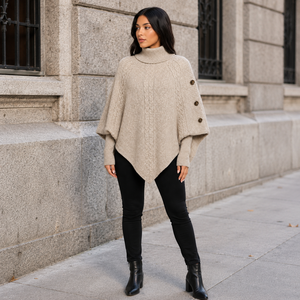 Suéter tipo poncho de punto trenzado para mujer, cuello alto, con <span class=keywords><strong>botones</strong></span> <span class=keywords><strong>laterales</strong></span> decorativos, dobladillo asimétrico, holgado, para invierno - Product Image 6