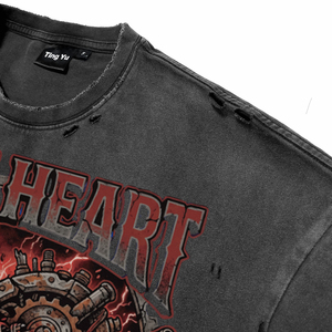 T-shirts pour hommes de haute qualité, vintage, coupe carrée et courte, effet délavé soleil, avec impression graphique Iron Heart, respirants, en coton, impression DTG, effet vieilli - Product Image 4