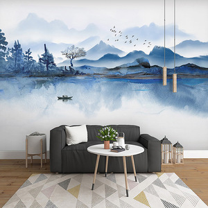 Salon Tv Fond Papier Peint Brume Bleu Abstrait Conception Artistique Mur Tissu Encre Paysage Film Et Télévision Murale - Product Image 2