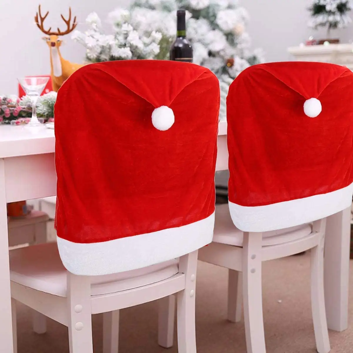 Kırmızı şapka yemek sandalyesi Slipcovers, noel sandalyesi arka kapakları mutfak sandalyesi noel tatili festivali dekorasyon için kapakları