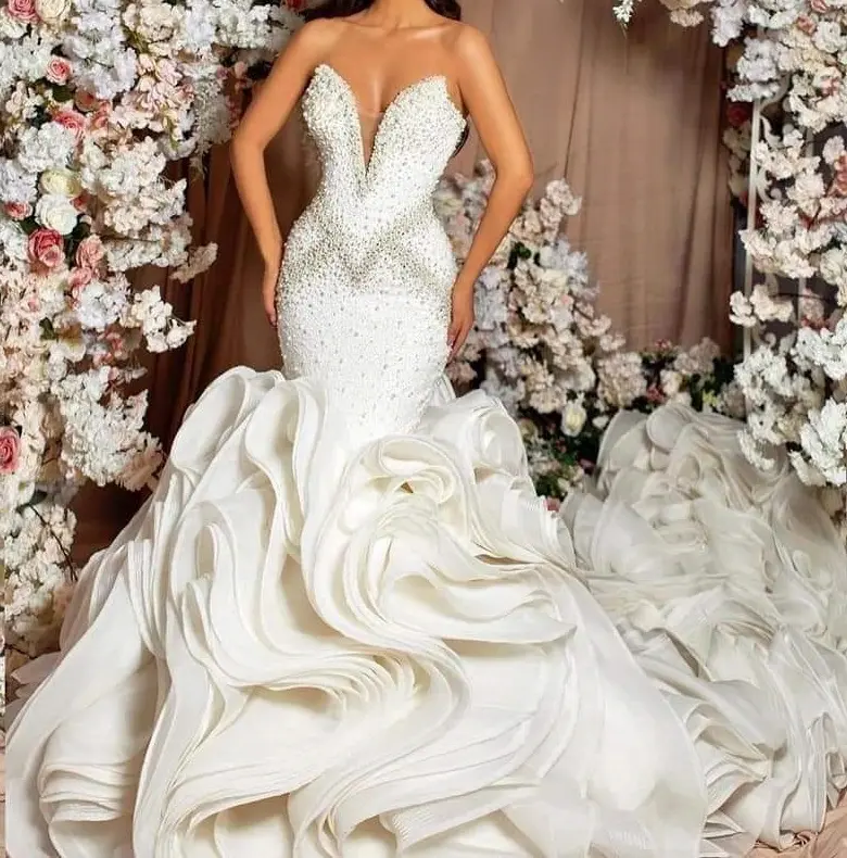 S574F 2023 새로운 패션 선물 베일 고품질 사용자 정의 파티 인어 푹신한 신부 가운 웨딩 여성 드레스
