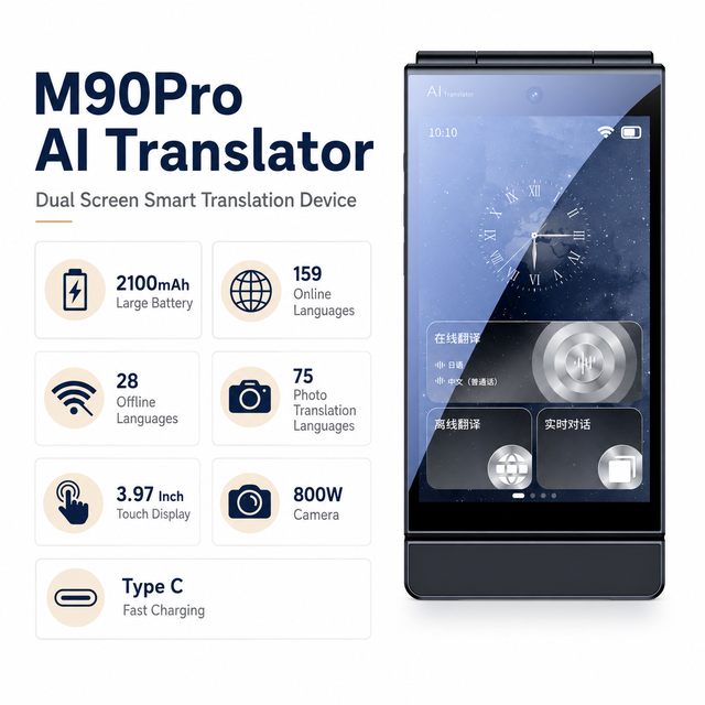 TeWeekAI Handheld AI Translator M90Pro Dual Screen 159 Languages Voice Photo OCR Simultaneous Interpretation Online/Offline for