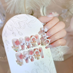 24 pièces/ensemble de faux ongles de luxe en ABS à presser, forme ballerine cercueil moyenne, motif papillon, faits à la main, rose, couvrance totale, pour salon - Product Image 3
