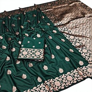 Sari en soie Banarasi moderne avec travail de tissage, avec blouse non cousue, pour les fêtes et les occasions festives, vêtement ethnique éternel, vert - Product Image 1
