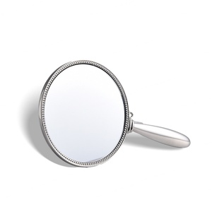 On Sale Round Silver Engraved Small Vanity Makeup <b>Compact</b> Hand <b>Mirror</b> with PU Pouch - Product Image 6