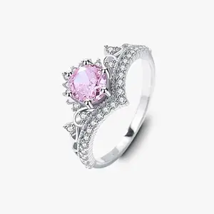 Nueva corona de lujo 925 anillo de plata esterlina corte de Flor de hielo 5A cubo Zirconia para mujeres Rosa CZ anillo de uso diario