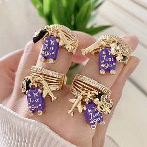 Anello da viaggio Tk-L629, nuovo arrivo, regalo per amanti dei viaggi, placcato oro, micro zirconi cubici, anello aperto con goccia viola, a forma di valigia e aereo - Product Image 6