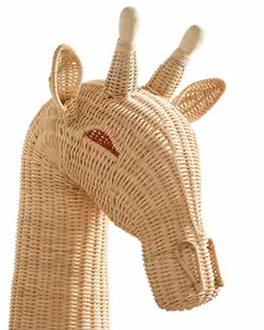 Wicker Animal Head Cute Natural Rattan Giraffe Head For Wall Hanging Decor Handmade Wall Art For Kids Room And Nursery