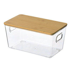 Small Kitchen Food Storage Box With Bamboo Lid Clear PET Fridge Bins with Handles Stackable Storage Organizer Containers