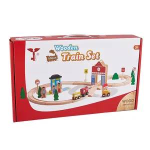 Encaixe de trem de madeira brinquedo, 50 peças de grande pista, conjunto de brinquedo