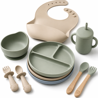 Ensemble d'alimentation pour bébé en silicone 8 pièces avec logo personnalisé, sans BPA, assiette à ventouse, bol, bavoir, tasse à paille, vaisselle d'autonomie pour tout-petits, vente en gros