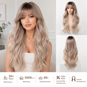 Perruque longue ondulée effet vague d'eau, avec <span class=keywords><strong>frange</strong></span> réglable, racine foncée, beige cendré, <span class=keywords><strong>blonde</strong></span>, en fibre haute température, aspect naturel, directement de l'usine - Product Image 1