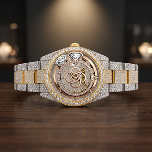 Montre de luxe pour homme en acier inoxydable, mouvement à quartz, boîtier rond de 41 mm, cadran analogique, entièrement sertie de pierres, fermoir déployant - Product Image 3