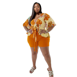 Spot Goods Plus Size Floral Print Lace up Summer Short <b>Sets</b> Two Piece Women Fashion - Product Image 1