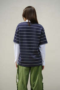 Men Navy <b>White</b> Horizontal Striped Oversized T Shirt Crew Neck Drop Shoulder Loose Fit Casual Streetwear <b>Tee</b> Top - Product Image 2