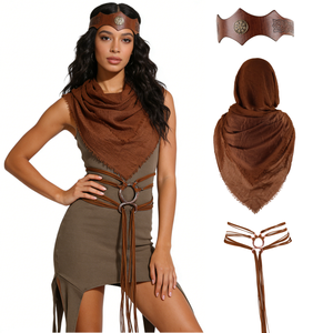 Conjunto de Accesorios de Disfraz Vikingo Medieval - Diadema Celta, Bufanda con Capucha Marrón y Cinturón de Cuero para Cosplay Renacentista LARP - Product Image 2