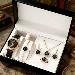 LP37 Oferta Especial: Set de Cinco Piezas para Mujer, Reloj de Cuarzo con Correa de Cuero, Collar, Anillo, Set de Joyería, Regalo con Aretes de Rubí, MOQ Bajo - Product Image 4