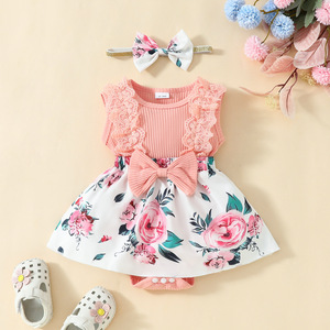 Combinaison en tricot de coton sans manches pour bébé fille, avec dentelle, motif floral et nœud, pour 0-1 an, avec bandeau assorti - Product Image 1