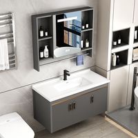 Kabinet Penyimpanan Dinding Cermin Pintar Kamar Mandi Aluminium Tahan Air Modern dengan Wastafel Keramik untuk Renovasi Rumah/Apartemen