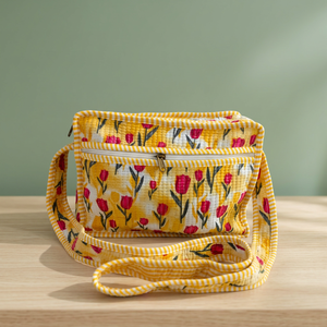 Nouveaux sacs en coton écologiques de couleur jaune, légers, sacs de shopping d'été, sacs à bandoulière faits à la main, imprimés en bloc, matelassés, sacs pratiques avec poches - Product Image 2