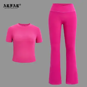 Women Basic Tshirt Leggings High Stretch Outfits Modal Cotton Ribbed Lounge Wear Two Piece Flare Pants Women's Sets