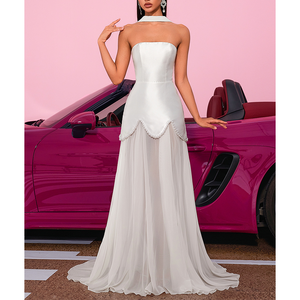 Vestido de novia de satén blanco sin tirantes con borde de cuentas y cola de tul, estilo sirena, para novia, vestido de fiesta de boda. - Product Image 1