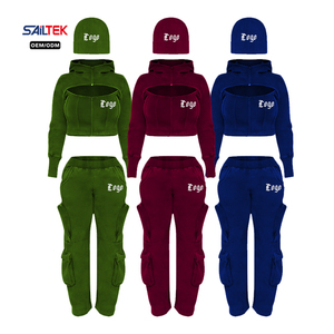 Conjunto de <span class=keywords><strong>Tres</strong></span> Piezas de Sudadera Corta con Capucha y Pantalones Cargo con Corte Personalizado, con Gorro Beanie, Ropa Deportiva Urbana <span class=keywords><strong>para</strong></span> Mujer - Product Image 4