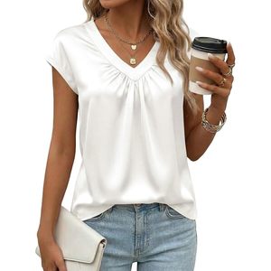 Blusa de Seda Satinada para Mujer, Manga Corta, Cuello en V, Holgada, Informal, para Oficina, Transpirable, Camisa de Verano - Product Image 1