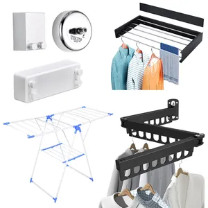 GG28 Aluminum Laundry Clothesline Retractable Cloth Hook Drying Rack Folding Wall Mounted Clothes drying Rack Set