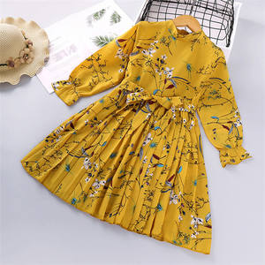 Robes de printemps pour adolescentes, imprimées de fleurs, manches longues, plissées, à volants, robe de princesse, robe pour enfants, style rétro, robe d'automne pour enfants - Product Image 1