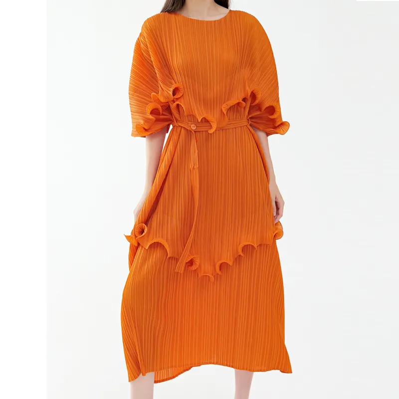 New Arrival Summer Fashion Female Half Sleeve Corset Lotus Trim Elegant Women Loose Orange Casual Dresses