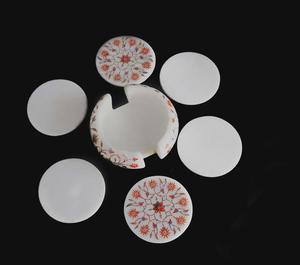 A beautiful white stone round marble <b>coaster</b> <b>set</b> with floral inlay and a matching holder is available at wholesale prices. - Product Image 2