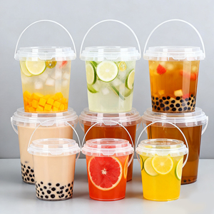 Custom logo Large Capacity 16oz 24oz 32oz Transparent Boba Tea Coffee Fruit Plastic <b>Buckets</b> Cups <b>With</b> Handles and <b>Lids</b> - Product Image 1