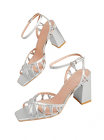 Chaussures à talons hauts pour femmes, argentées, à brides multiples, talon carré, bout ouvert, à enfiler, antidérapantes, pour l'été et l'extérieur, vente en gros