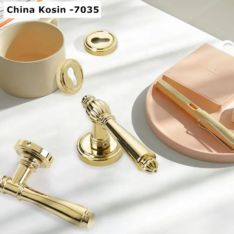 Lds-kosin 7035 PVD Gagang Kunci Pintu Emas Set Interior Seng Aloi Tanggam Tuas Pegangan Pintu untuk Kamar Tidur Pintu Kayu