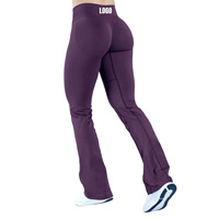 Leggings de yoga sans couture pour femme avec logo personnalisé, couleur unie, coupe évasée en V, effet ventre plat, pour course en extérieur et entraînement sportif