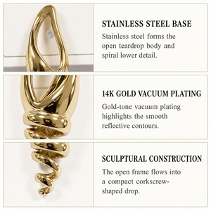 Pendientes Espiral de Lágrima Abiertos de Acero Inoxidable con Baño de Oro de 14K al Vacío, Joyería Escultural Colgante - Product Image 3