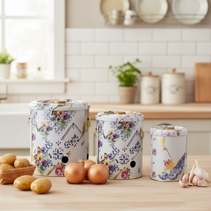Ensemble de trois bacs en métal pour pomme de terre oignon et ail (3 pièces) Kintsugi veine d'or fleur Kint Sugi Design - Product Image 3