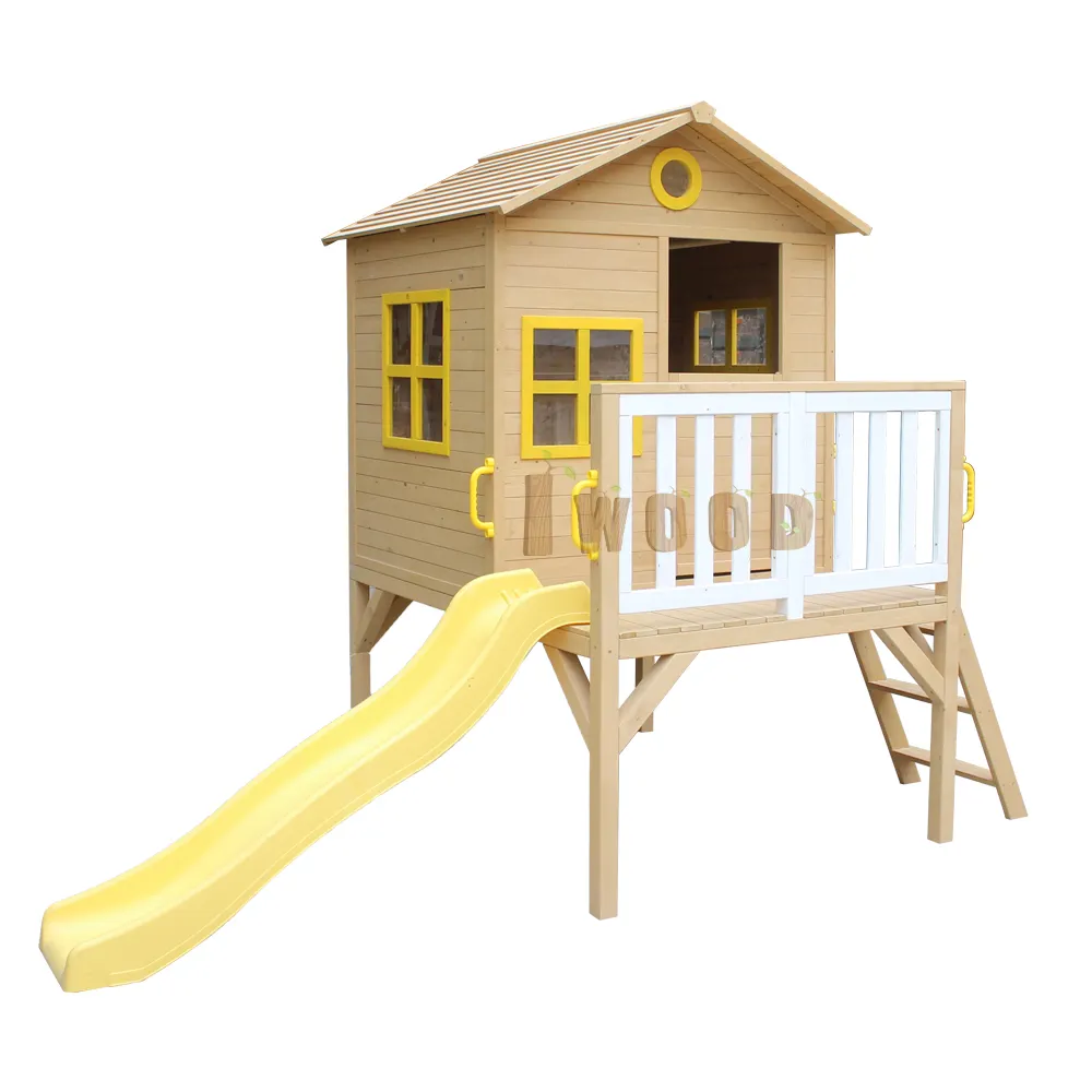 Уличный детский деревянный роскошный двухэтажный игровой домик с горкой