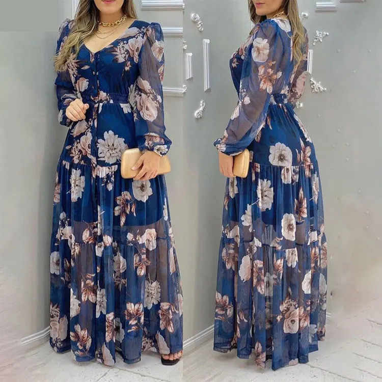 Custom Wholesale Fashion Floral Dress Casual V Neck Print Maxi Dresses Women Elegant Long Dress