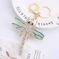 Porte-clés en métal avec strass en cristal, motif libellule, breloque décorative pour sac