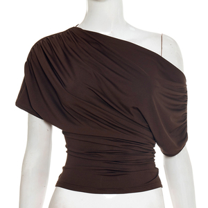 Viviblook J26TP019 – Nouveau T-shirt plissé uni à épaules dénudées et taille cintrée pour femme, idéal pour l'été - Product Image 3