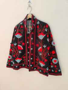 <b>Black</b> <b>Velvet</b> Suzani Embroidered Handmade Floral Folk Art Bomber <b>Jacket</b> Boho Ethnic Winter <b>Women's</b> Eco-Friendly Reversible Short - Product Image 2